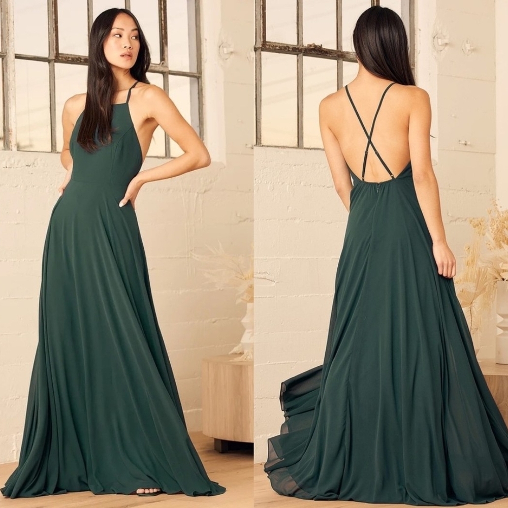 Lulu's Forest Green Backless Maxi Dress